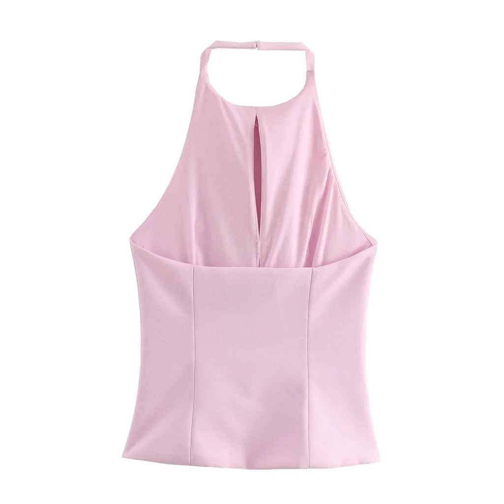 Bow Backless Vest Women Summer Sleeveless Halter Hollow Top Elegant Slim Skirt New Y2k Female Tanks Short Top Office