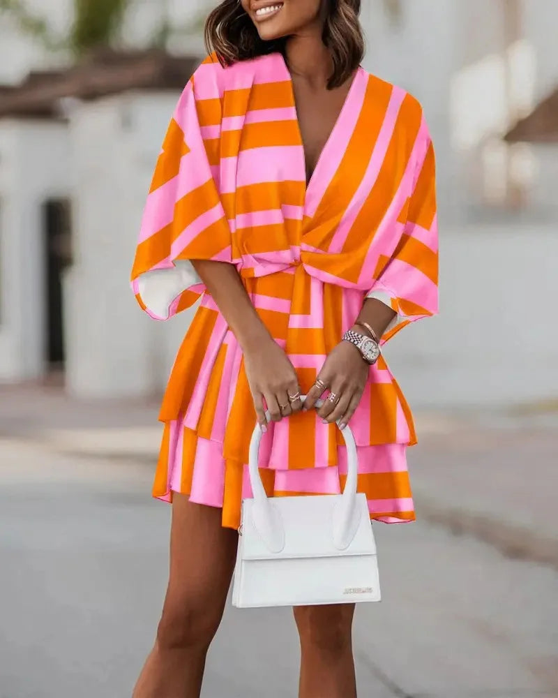 Women Dresses Fashion Vacation Sundress Women's Bat Sleeve Ruffles Dresses Summer Irregular Mini Dress