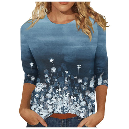 2024 Women Summer Tops Comfortable T Shirt Fashion Flower Print Round Neck 3/4 Sleeve Tops Soft Versatile Pullover Ropa De Mujer