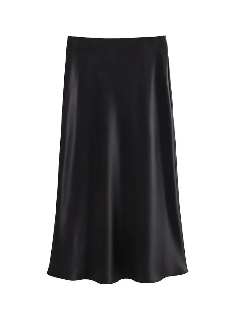 Willshela 2024 Black Satin Skirt Woman High Waist Elegant Long Skirts For Women Fashion Summer Midi Skirt Office Women's Skirts