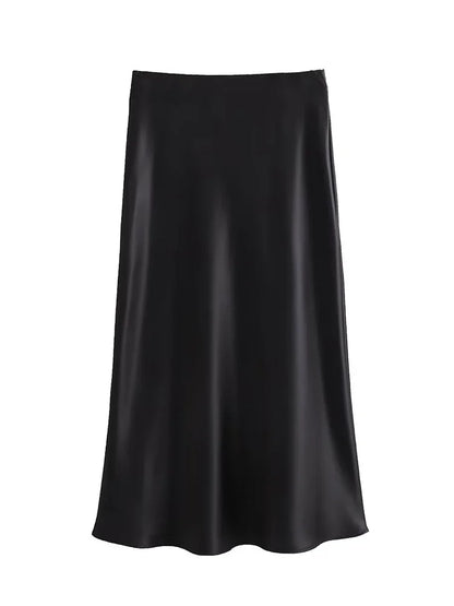 Willshela 2024 Black Satin Skirt Woman High Waist Elegant Long Skirts For Women Fashion Summer Midi Skirt Office Women's Skirts