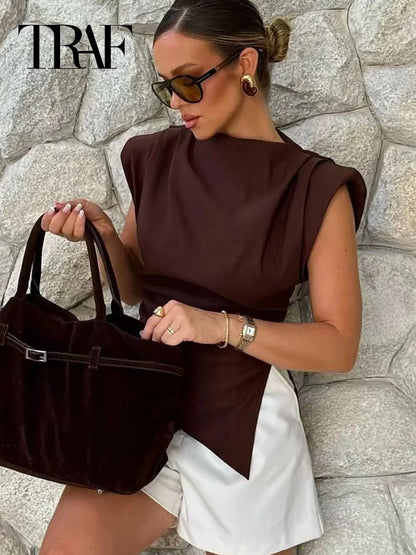 TRAF Ruffled Asymmetric Tops For Women Tanks & Camis Summer 2025 Burgundy Brown Black Tank Tops Ruched O-Neck Sleeveless Vests