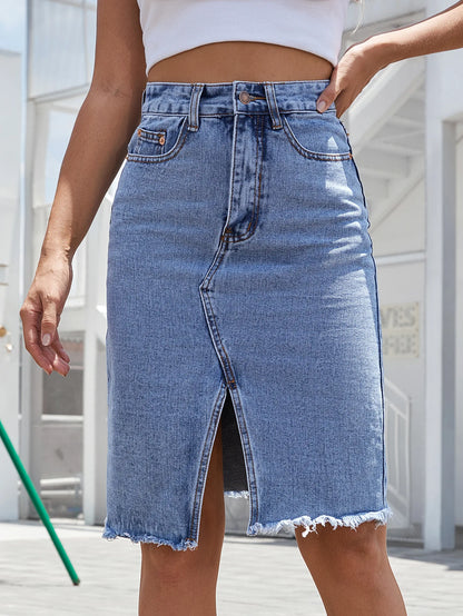 Fashion Midi Cotton Denim Skirt Women 2024 Casual Slim High Waist Asymmetrical Blue Jean Skirts Y2k Faldas Elegant