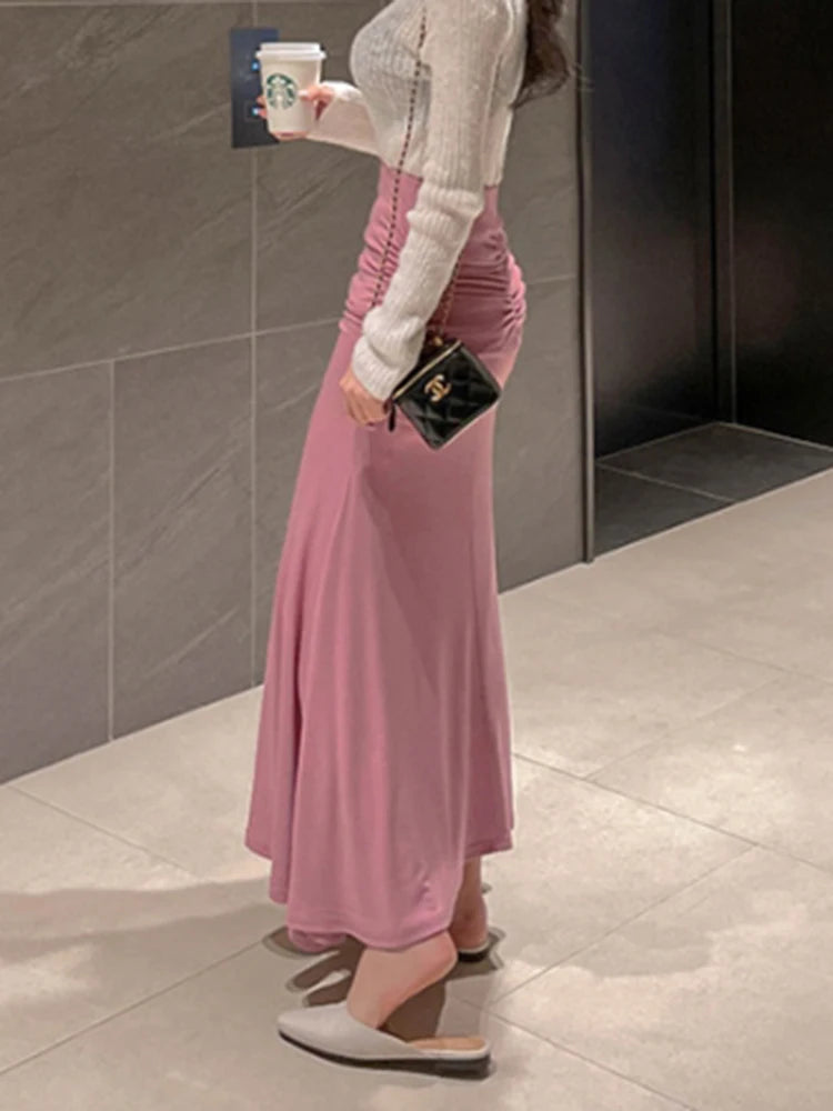 Shirring Satin Skirts for Women High Waisted Skirt 2025 Women A-Line Elegant Skirts Summer Pink Midi Skirt New Korean Style