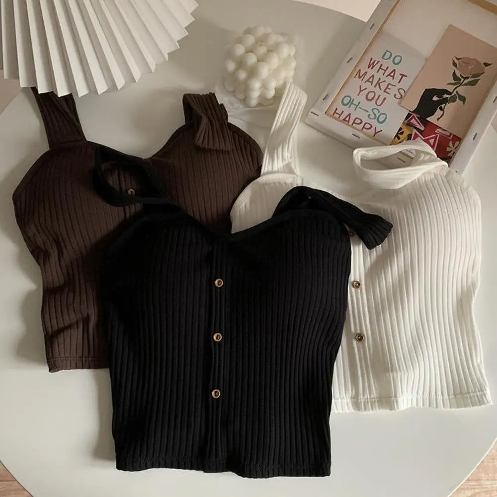 Women's Ribbed Tank Tops Y2K Cropped Tops with Bra Pads Knitted Button Down Suspenders Vest Sexy Camisole Female Short Tops