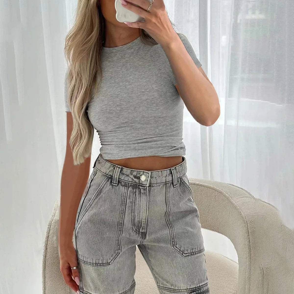 Tops for Women 2025 Spring and Summer Y2K Style Solid Color Slim Fit Short-sleeved T-shirt for Women