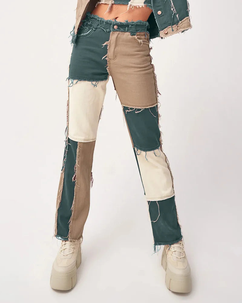 2025 Hot Sale Mixed Color Patchwork Jeans For Women Fashion High Stretch Denim Straight Pants Street Hipster Trousers XS-2XL