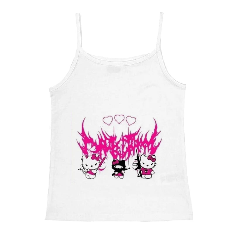 2000s Tops Emo Girls Camisole Tops Hello Kitty Print Grunge Crop Tops Y2k Clothes Vintage Punk Women's Corset Tank Top Baby Tees