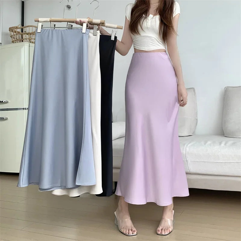 Satin Skirts for Women Korean Reviews Many Girls Clothes Women's 2025 Summer NEW High Waisted Mid Long Skirts Fashion women skir