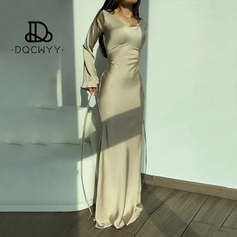 Womens Dresses 2025 New Long Dresses Fashion Simple Round Neck Satin Flare Sleeve Lace Up Slim Evening Party Dresses Sexy Dress