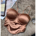 2024  Women Sexy Crop Top Solid Pleated Satin Tanks Top With Bra Pad Beach Camis Spaghetti Backless Casual Top Spring Summer