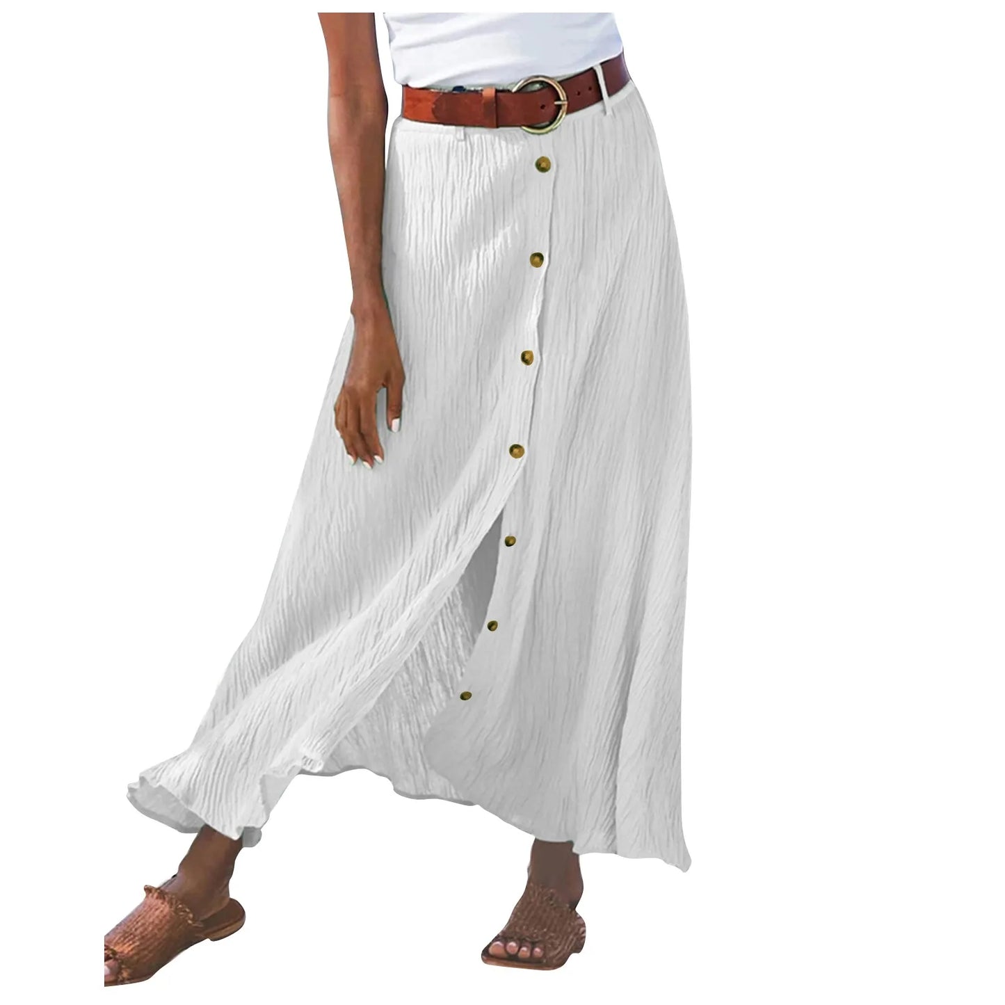 Midi Skirts For Women Bohemian Style Daily And Versatile Half Skirt Fashion Plain Color Basics High Waist Beach Button Dress