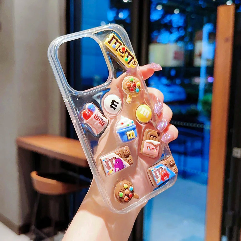 Super Cute M beans chocolate Phone Case for iPhone 16 15 14 13 12 11 Pro Max Cases Silicone Cover Transparent 3D Cartoon Funda