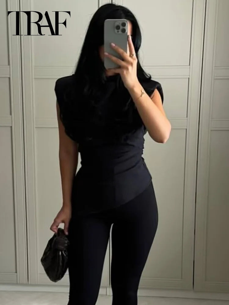 TRAF Ruffled Asymmetric Tops For Women Tanks & Camis Summer 2025 Burgundy Brown Black Tank Tops Ruched O-Neck Sleeveless Vests