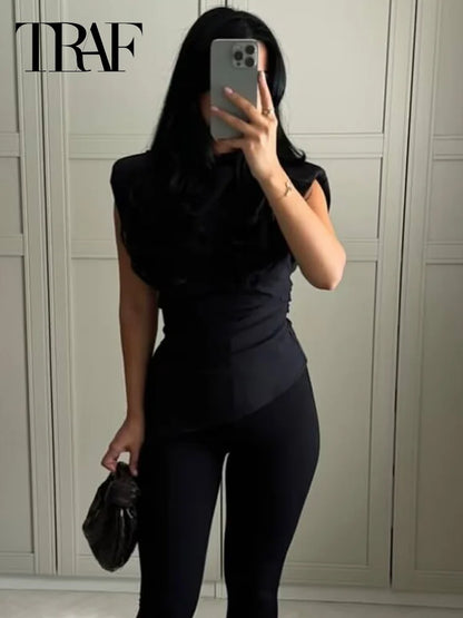 TRAF Ruffled Asymmetric Tops For Women Tanks & Camis Summer 2025 Burgundy Brown Black Tank Tops Ruched O-Neck Sleeveless Vests