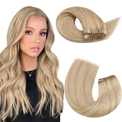 Moresoo Human Hair Bundles Weave in Double Wefted Machine Remy Hair Balayage Hair Pieces for Women Straight Weft Hair Extension