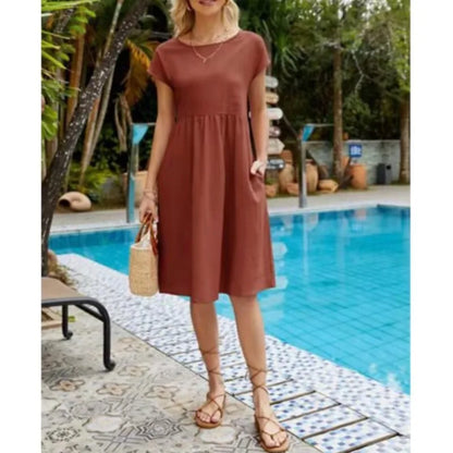 Women's Dresses 2025 Summer Fashion Casual Dresses Women Loose Mid Length Over Knee Dress New Short Sleeve Solid Dress Woman
