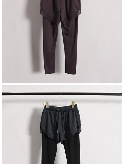 Stretch Autumn Sports Pants Women Two Pieces Fitness Yoga Pants and Shorts With Inner Phone Pocket 2 in 1 Yoga Pants