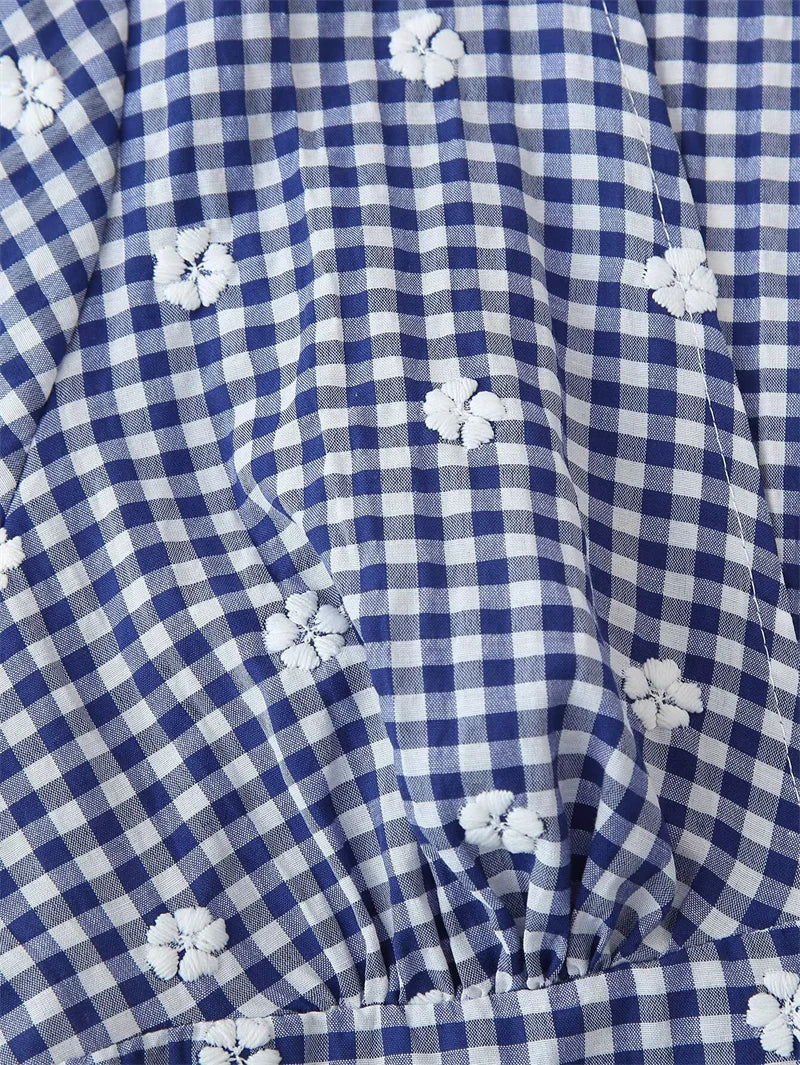 Women's Tops New Summer 2025 Small Check Tops Embroidered Trims Sexy Deep V-Neck Casual Fashion Versatile Personality