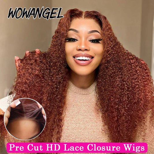 WOWANGEL Reddish Brown Pre Cut Glueless Wig Human Hair Ready To Wear 5x5 HD Lace Closure Water Wave Curly Wigs Wear To Go