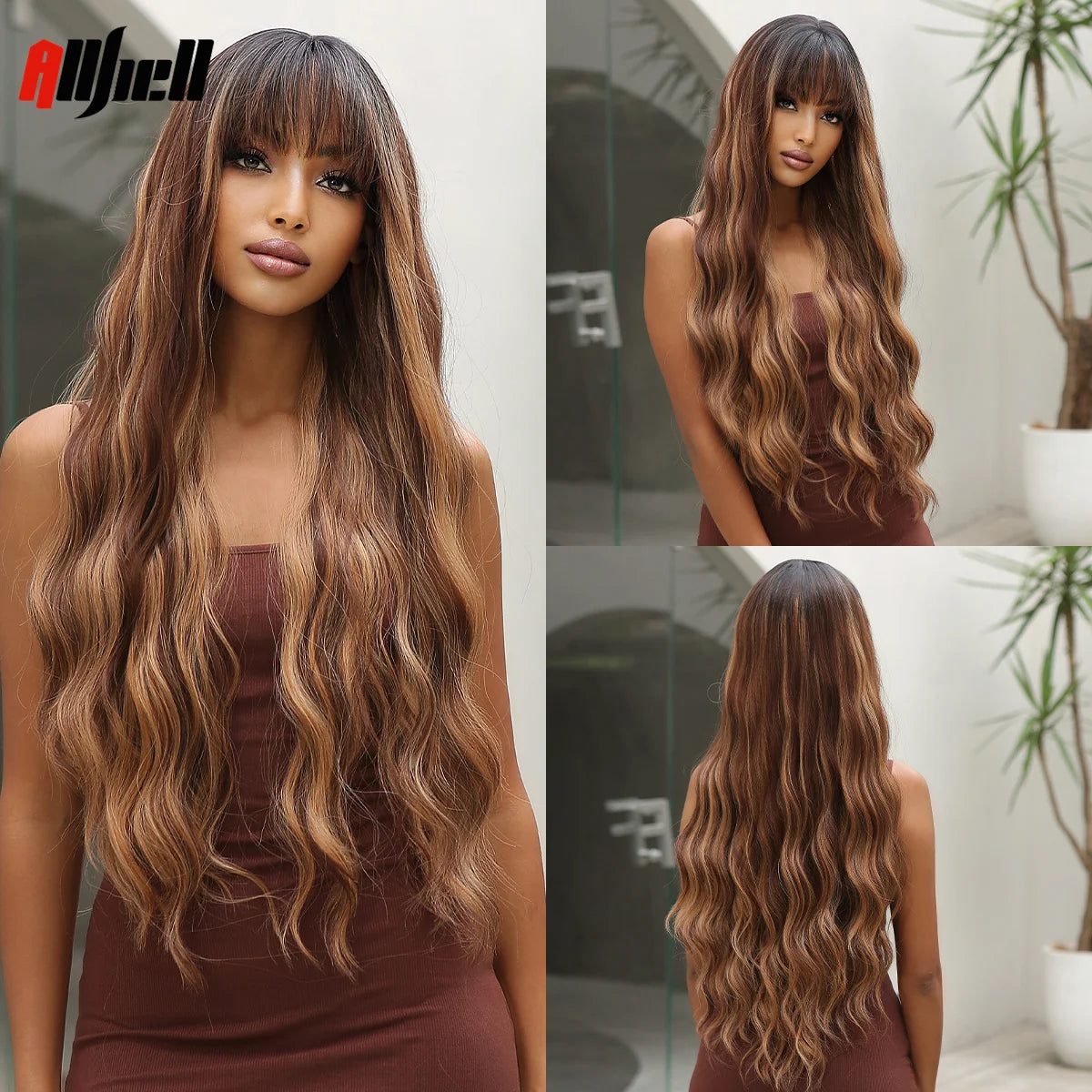 Long Wavy Wine Red Synthetic Wigs Natural Wave Afro Wigs With Bangs for Black Women Cosplay Costume Wig Heat Resistant Fiber