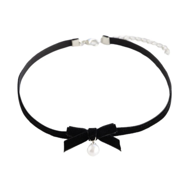 Elegant Bowknot Necklace Pearls Beads Pendant Clavicle Chain Velvets Bows Collarbone Chain Ornament for Women Girls