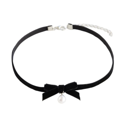 Elegant Bowknot Necklace Pearls Beads Pendant Clavicle Chain Velvets Bows Collarbone Chain Ornament for Women Girls
