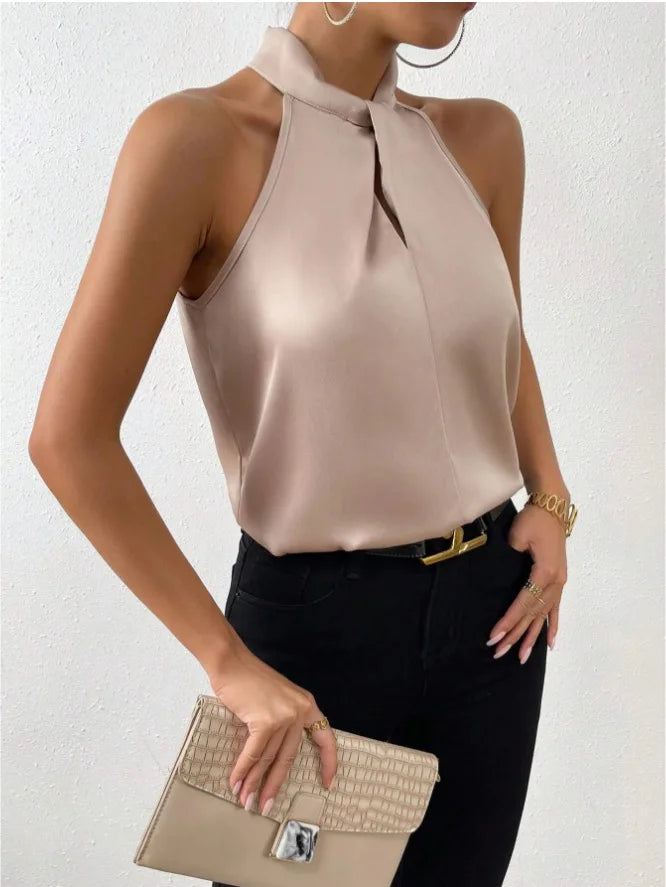 2025 Women's Tanks Top Camis Hanging Neck Strap Design Satin Gloss Loose Sleeveless Blouses Blusas Mujer Moda Black Sexy Shirt