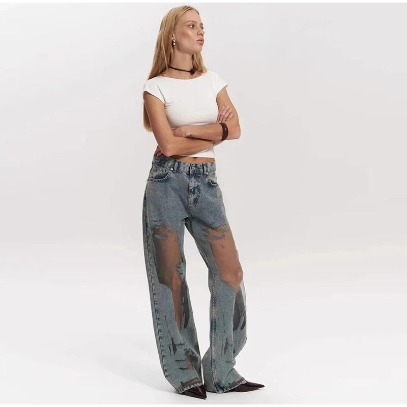 Women's Distressed Ripped Grunge Denim Jeans Gothic Dark High Waist Straight Leg Baggy Pants Trendy Hip Hop Streetwear Trousers