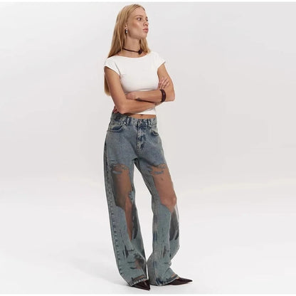 Women's Distressed Ripped Grunge Denim Jeans Gothic Dark High Waist Straight Leg Baggy Pants Trendy Hip Hop Streetwear Trousers