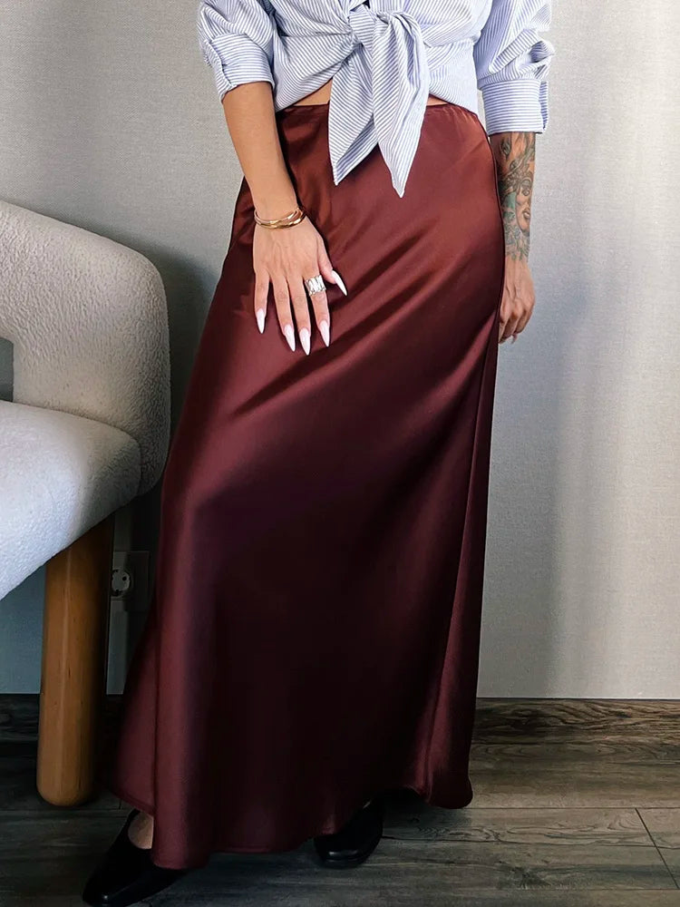 Long Black Satin Skirts Women For Work Summer Autumn Straight Brown Skirt Long Belt Coffee Formal Silk Maxi Skirt For Ladies