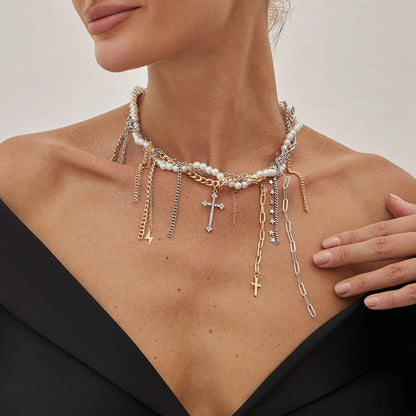 Necklaces for Women Heart-shaped Cross Imitation Pearl Tassel Long Necklace Colliers Femmes Girl Stuff