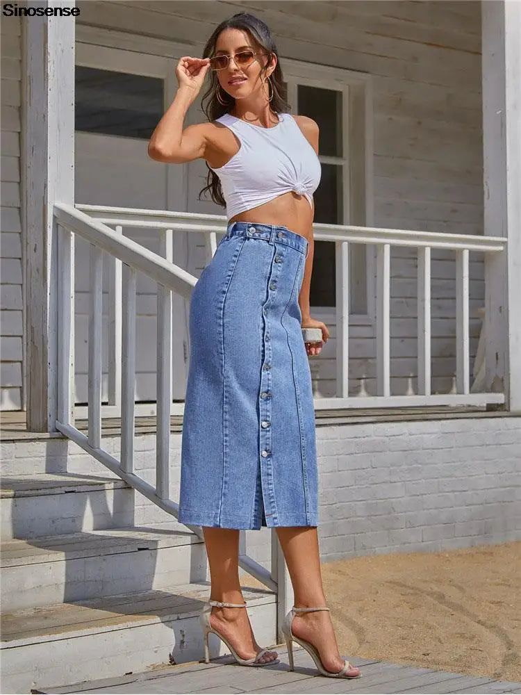 Women's Maxi Pencil Jean Skirt High Waisted A-Line Long Denim Skirts Ins Button Down Side Split Hem Stretch Blue Jean Skirt