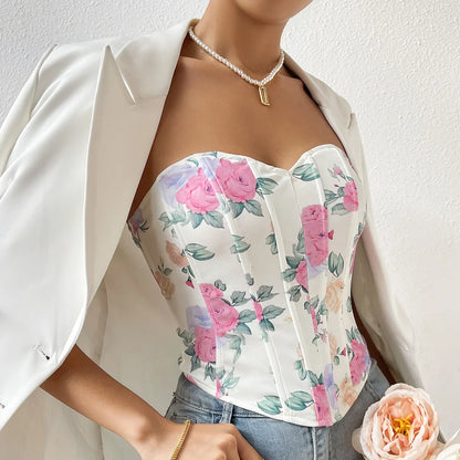 Women Floral Top Sexy Spicy Girl Tank Top Low cut Open Back Flower Wrapped Chest Diamond Fish Bone Strap Waist Vest Tank Top