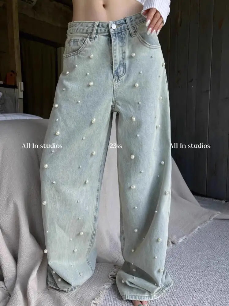 Korean Fashion Jeans for Women 2024Spring New Heavy Industry Beads Retro Washed High Waisted Jeans Wide Leg Mopping Pants Women