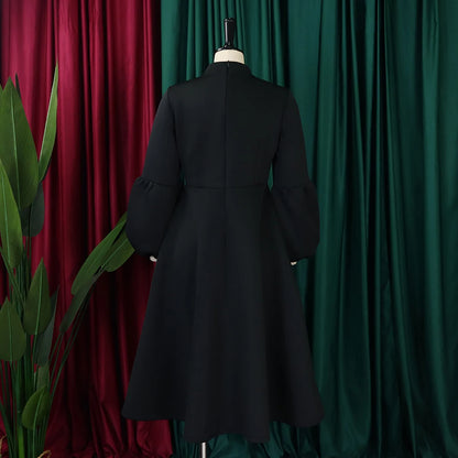 Elegant Dresses for Women Bow Collar Full Sleeve High Waisted A Line Mid Calf Luxury Female Birthday Party Dinner Vestidos Mujer