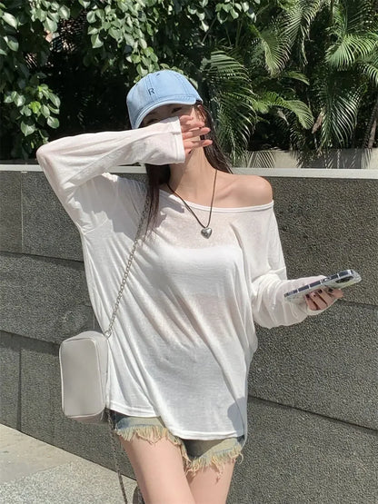 Women T-Shirts Casual Loose New Slightly Transparent O Neck Female Top Thin Sun Protection Tees Spring Summer 2025