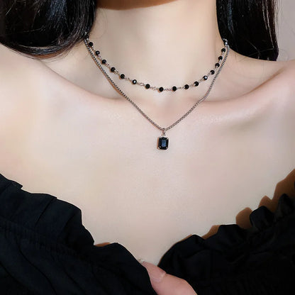 Shiny Black Chokers Necklaces for Women 2022 Trend Double Layer Beaded Chain Geometry Charm Necklace Jewelry