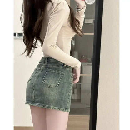 Fashion High Waist Mini Skirt Retro Slim Fit Short Skirt A-Line Casual Jean Skirt Girls