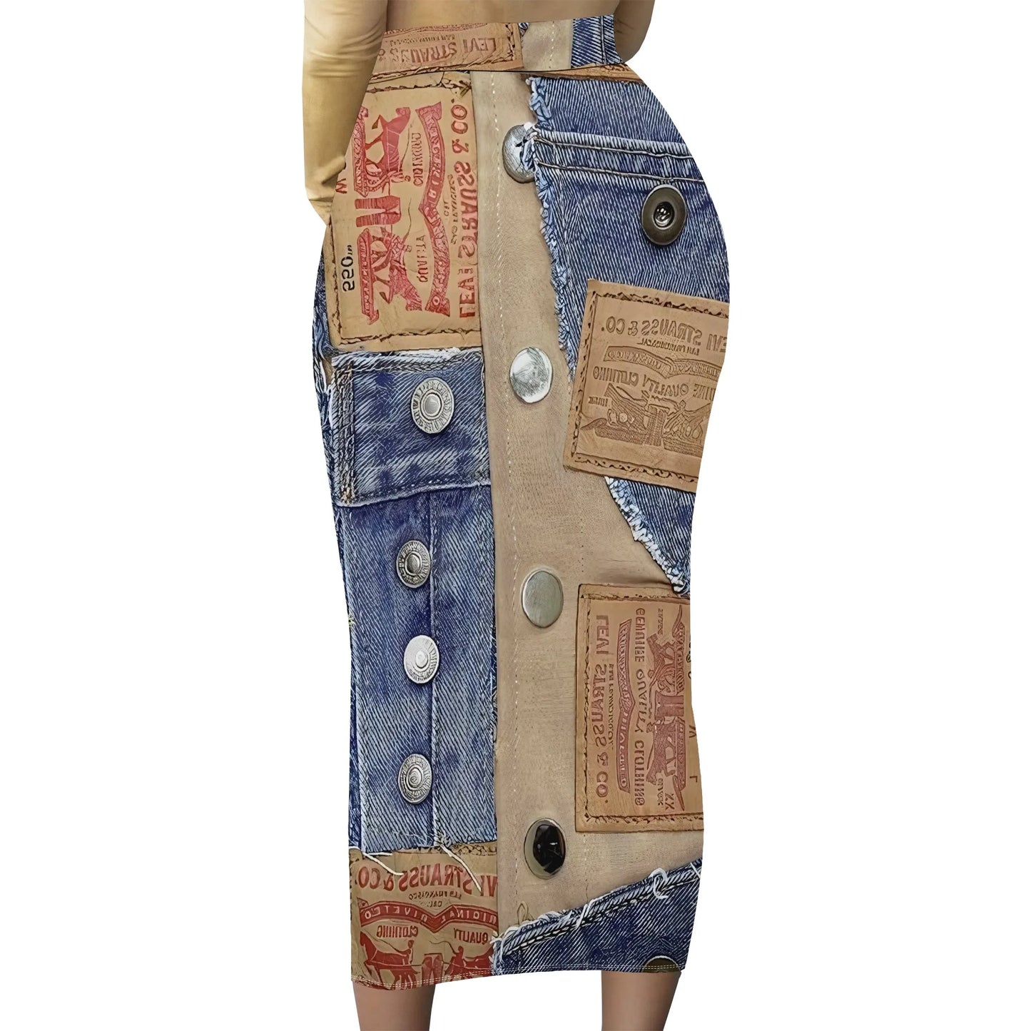 Womens Long Cotton Patchwork Stretch Denim Skirt a Line Flared Jean Maxi Skirt