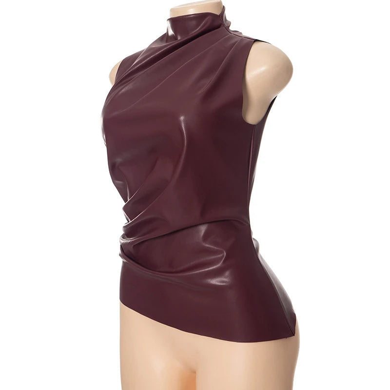 Women Y2K Vintage Pu Simple Basic Tank Top High Waist Skinny Shrunk Slash Cut Sleeveless Tops Versatile Noble Shirts