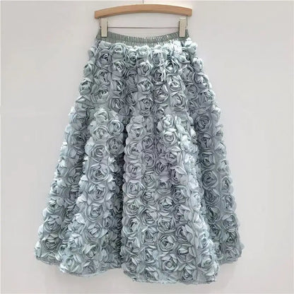 Skirt for Women 2025 Summer Versatile Three Dimensional Flower Mid-calf Skirt High Waist Big Swing Fashion A-line Long Skirts
