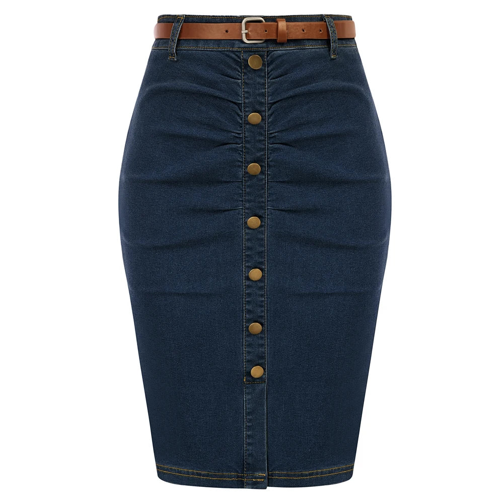 BP Women Vintage Jean Skirt With Belt High Waist Ruched Front Bodycon Skirt