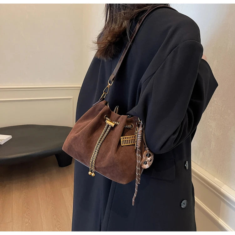 Women Vintage One Shoulder Bag Frosted Solid Drawstring Soft All-Match Bucket Bags High-Grade Versatile Commute Crossbody Packs