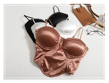 2024  Women Sexy Crop Top Solid Pleated Satin Tanks Top With Bra Pad Beach Camis Spaghetti Backless Casual Top Spring Summer