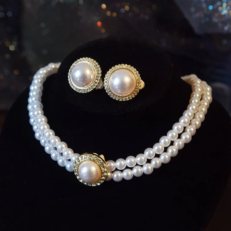 Women Elegant Pearl Double Layers Necklace Earrings Exquisite Vintage Classic Chains For Lady Party Wedding Retro Jewelry Choker