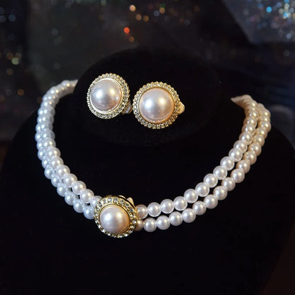 Women Elegant Pearl Double Layers Necklace Earrings Exquisite Vintage Classic Chains For Lady Party Wedding Retro Jewelry Choker