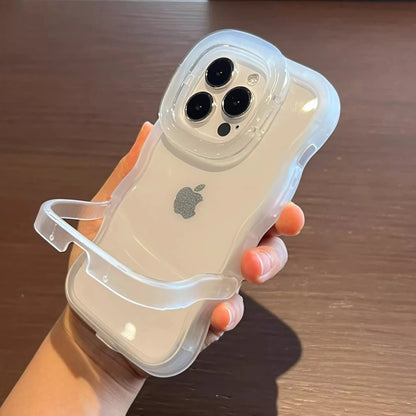 2IN1 Folding Stand Wave Clear Phone Case For iPhone 16 15 11 12 13 14 Pro Max X XR Fashion 3D Curly Shockproof Protective Cover