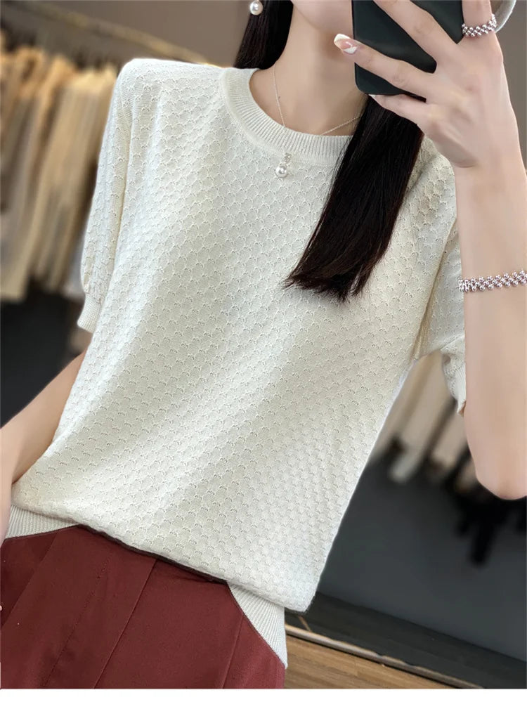 Women's T-shirt Summer 100% Cotton Sweater Short Sleeve Solid Color Round Neck Ladies Tops Loose Blouse Basic Pullover Tees