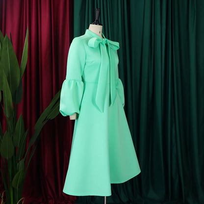 Elegant Dresses for Women Bow Collar Full Sleeve High Waisted A Line Mid Calf Luxury Female Birthday Party Dinner Vestidos Mujer